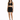 A model poses in a black cropped top with lace-up detail and a matching mini skirt featuring side ties.