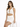 A model poses in a white cropped top with lace-up detailing and a matching mini skirt featuring side ties.