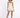 A model poses in a light beige romper with a fitted bodice and flared shorts, paired with black heels.