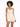 A model showcases a light beige romper with a wrap design and adjustable straps, featuring a flared skirt.