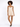A model poses in a light beige romper with a wrap design and thin straps, paired with black open-toe shoes.