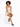 A model with curly hair poses on a stool, wearing a light-colored dress and black open-toe heels.