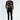 A model wearing a black long-sleeve shirt featuring colorful graphic designs and text, paired with black skinny jeans.
