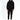 A model wearing a black hoodie and matching sweatpants with graphic text, paired with white sneakers.