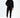 A model stands in a black hoodie and matching joggers, featuring subtle logo designs, paired with white sneakers.