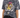 A model wearing a gray tie-dye t-shirt featuring a colorful tiger graphic and lightning bolt design.