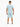A person stands with their back to the camera, wearing light blue shorts and a matching short-sleeve shirt.