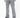 Light-wash denim jeans with paint splatter details, paired with black and white sneakers.