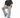 A man sits on a white pedestal wearing a dark oversized t-shirt and distressed light blue jeans with decorative cutouts.