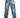 Loose-fitting blue denim pants featuring a patchwork design and paired with white sneakers.