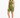 A model poses in a one-shoulder olive green crop top paired with matching bike shorts and white sneakers.