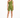 A model poses in a one-shoulder olive green top paired with matching bike shorts and white sneakers.