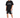 A man stands wearing a black oversized t-shirt with graphic text, paired with black shorts featuring a white number.