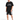 A man stands wearing a black oversized t-shirt with graphic text, paired with black shorts featuring a white number.