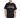 A man stands wearing a black oversized t-shirt with graphic text and matching black shorts featuring a large number.