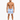 A man stands confidently in blue and white striped swim shorts, paired with casual slide sandals.