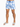 Men's swim shorts featuring a blue and white striped pattern, paired with white slide sandals.