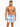 A muscular man stands confidently in blue and white striped swim trunks with a drawstring waist.