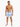 A man stands confidently in blue and white striped swim trunks, paired with slide sandals.