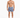 A shirtless man stands in swim shorts with a tropical leaf pattern, wearing slide sandals.