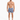 A shirtless man stands in swim shorts with a tropical leaf pattern, wearing slide sandals.