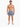 A shirtless man stands in swim shorts with a tropical leaf pattern, wearing slide sandals.