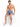 A man with a toned physique poses in floral-patterned swim trunks and casual slides on a white pedestal.