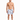 A shirtless man stands in floral-patterned swim shorts and slides, showcasing a relaxed beach style.