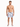 A shirtless man stands in floral-patterned swim shorts and slides, showcasing a relaxed beach style.