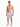A shirtless man stands in floral-patterned swim shorts and slides, showcasing a relaxed summer look.