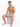 A shirtless man sits on a white cube, wearing patterned swim shorts and slide sandals, showcasing a casual summer look.