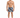 A shirtless man stands in colorful swim trunks with a cityscape pattern, wearing flip-flops.