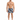 A shirtless man stands in colorful swim trunks with a cityscape pattern, wearing flip-flops.