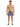 A shirtless man stands in colorful swim trunks with a cityscape pattern, wearing flip-flops.