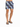 Colorful swim shorts featuring a city skyline print, paired with black flip-flops and a relaxed fit.