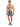 A man stands confidently in colorful swim shorts with a cityscape design, paired with flip-flops.