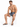 A shirtless man sits on a white cube, wearing patterned swim shorts and black flip-flops.