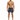 A shirtless man stands in swim trunks with a tropical leaf pattern, wearing red slide sandals.
