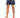 Male model wearing black swim shorts with a leaf pattern, paired with red slide sandals.