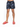 Male model wearing black swim shorts with a leaf pattern, paired with red slide sandals.