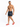 A shirtless man poses in black swim shorts with a leaf pattern, wearing red slide sandals.