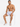 A shirtless man sits on a white pedestal wearing patterned swim shorts and casual slide sandals.