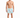 A shirtless man stands in colorful swim trunks featuring a tropical palm tree print, wearing slide sandals.