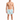 A shirtless man stands in colorful swim trunks featuring a tropical palm tree print, wearing slide sandals.