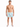 A shirtless man stands in colorful swim trunks featuring a tropical palm tree print, wearing slide sandals.