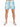 Men's swim shorts featuring a colorful palm tree print in blue and yellow, paired with white slide sandals.