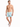 A shirtless man stands in colorful swim trunks featuring a tropical palm tree pattern, wearing white slides.