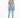 A woman stands confidently in a light blue one-shoulder bodysuit paired with matching leggings and white sneakers.
