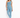 A woman poses in an one-shoulder top and matching leggings, showcasing a blue color and sporty style.