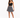 A model poses in a fitted black crop top and a flared black and white patterned skirt, paired with strappy heels.